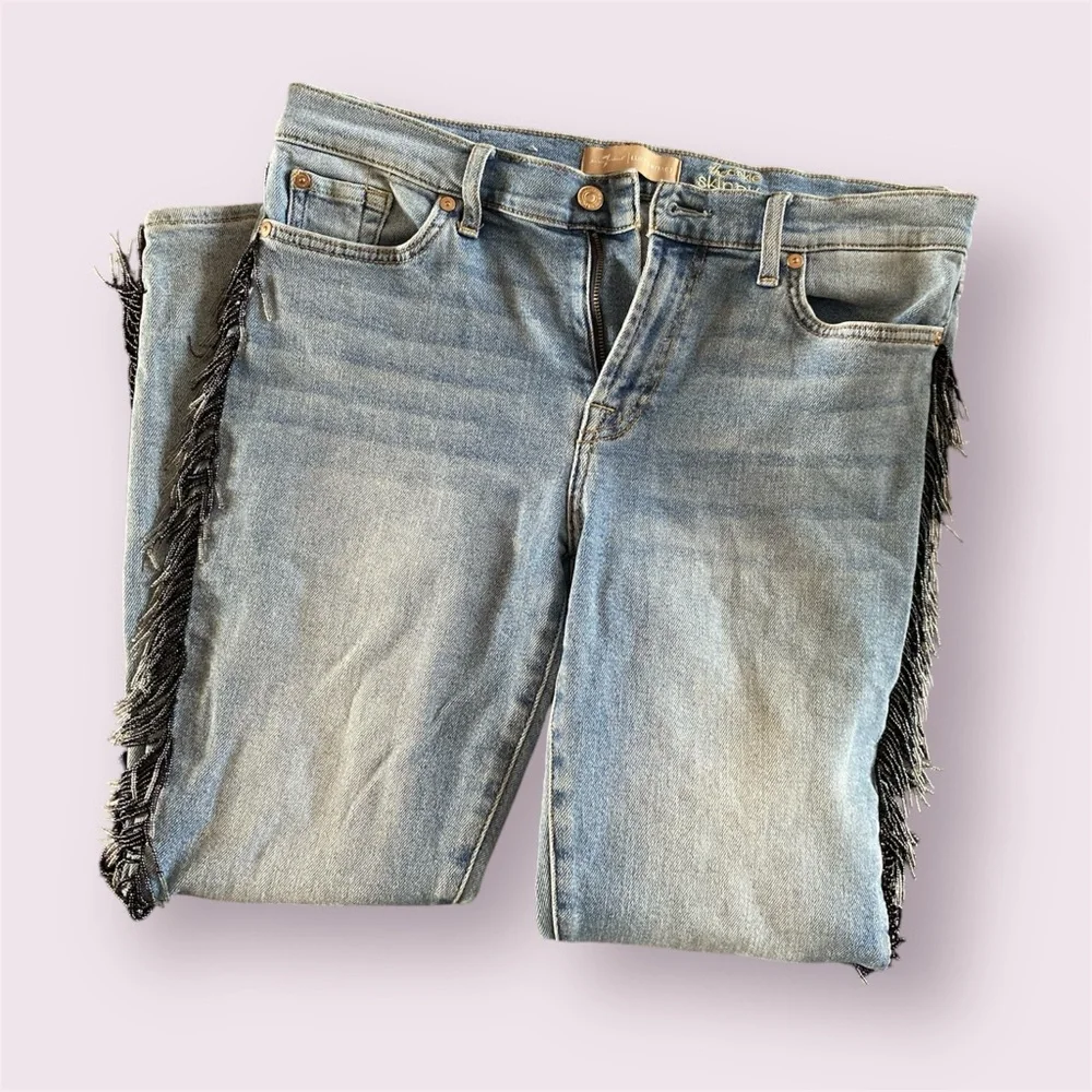 7 for all mankind Vintage Luxe Beaded Fringe Detail Blue Jeans - Picture 3 of 9